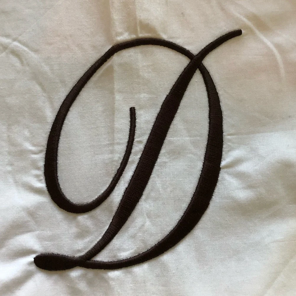 White Cotton Shower Curtain w/Embroidered Border & Custom Monogram “D” In Brown - Picture 2 of 13
